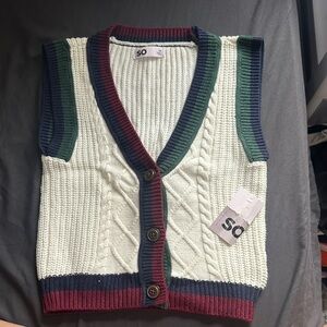 SO Women's V-Neck Cable Knit Sweater Vest - Cream, Green, Burgundy